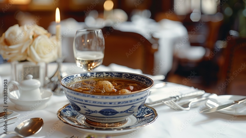 A bowl of soup on a table, accompanied by a glass of wine and a vase of flowers A bowl of soup on a table, accompanied by a glass of wine and a vase of flowers