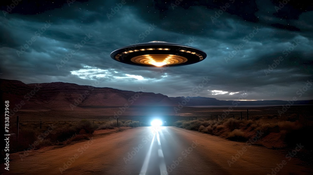 Mysterious UFO Over a Desert Road at Twilight. An Enigmatic Scene with