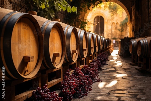 the ambiance of a wine cellar boasting rows of wooden barrels and shelves laden with an array of wine bottles