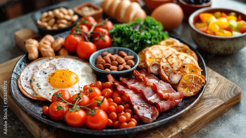 eggs, bacon, tomatoes, and bread with additional foods eggs, bacon, tomatoes, and bread with additional foods