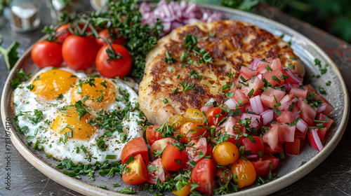   A plate of food with eggs, tomatoes, and various veggies on the table