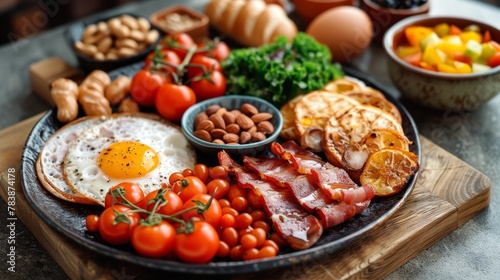  eggs, bacon, tomatoes, and bread with additional foods