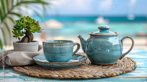   A tight shot of a tea set on a table  accompanied by a potted plant nearby