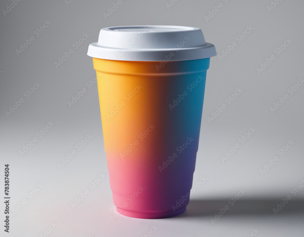 Multicoloured coffee cup with a white lid on a grey background. Multicoloured coffee cup with a white lid on a grey background.