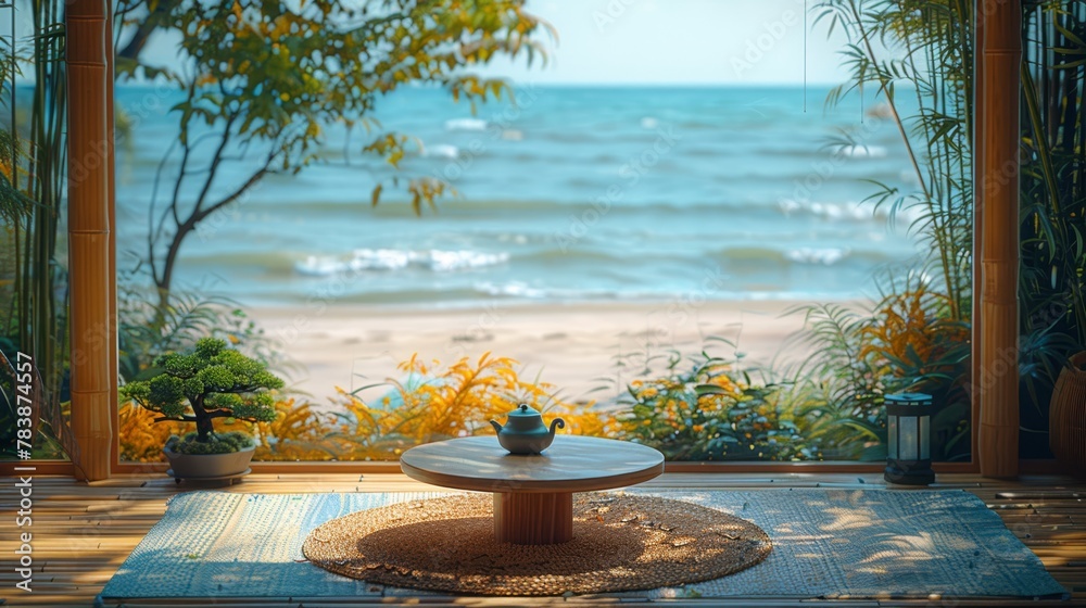   A room featuring an ocean view, with a centrally placed table topped by a potted plant - obrazy, fototapety, plakaty 