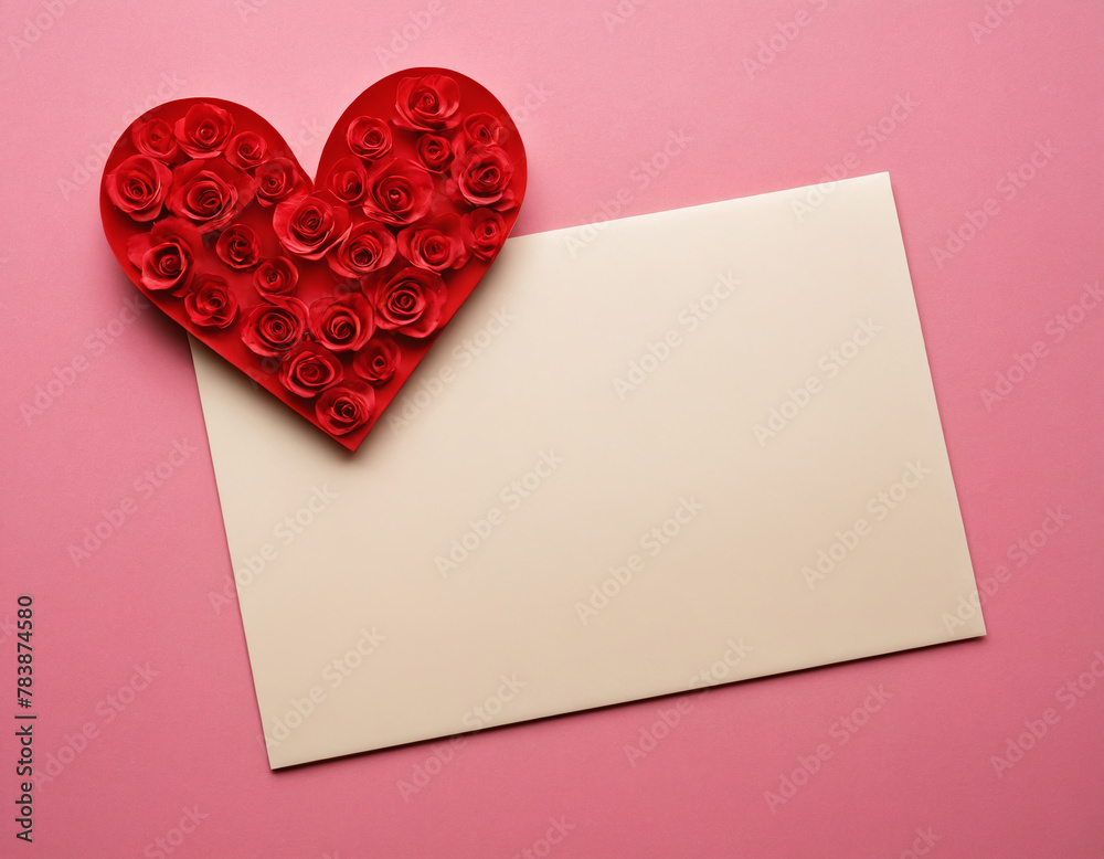 A blank sheet of paper on a dewy background and a heart shaped decoration with brightly coloured roses. A blank sheet of paper on a dewy background and a heart shaped decoration with brightly coloured roses.