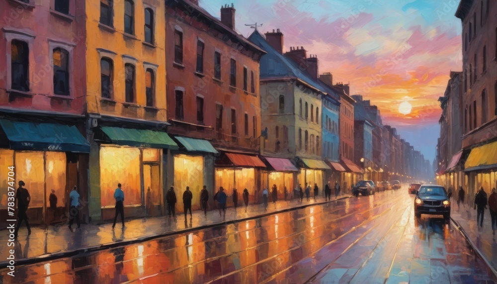 A vibrant painting captures pedestrians and shops on a rain-slicked city street at sunset, exuding warmth and urban life.