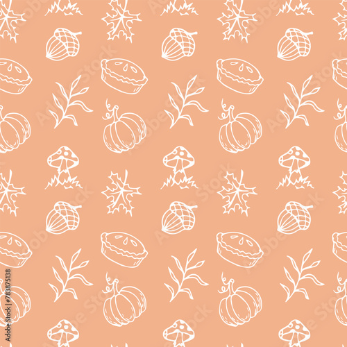 Autumn orange seamless pattern with pumpkins  apple pie  mushrooms and leaves in doodle style. Vector illustration