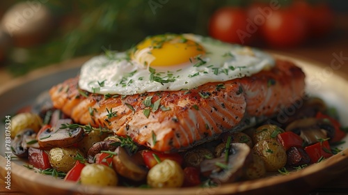  A plate with salmon, potatoes, and an egg atop a fried egg atop a salmon fillet