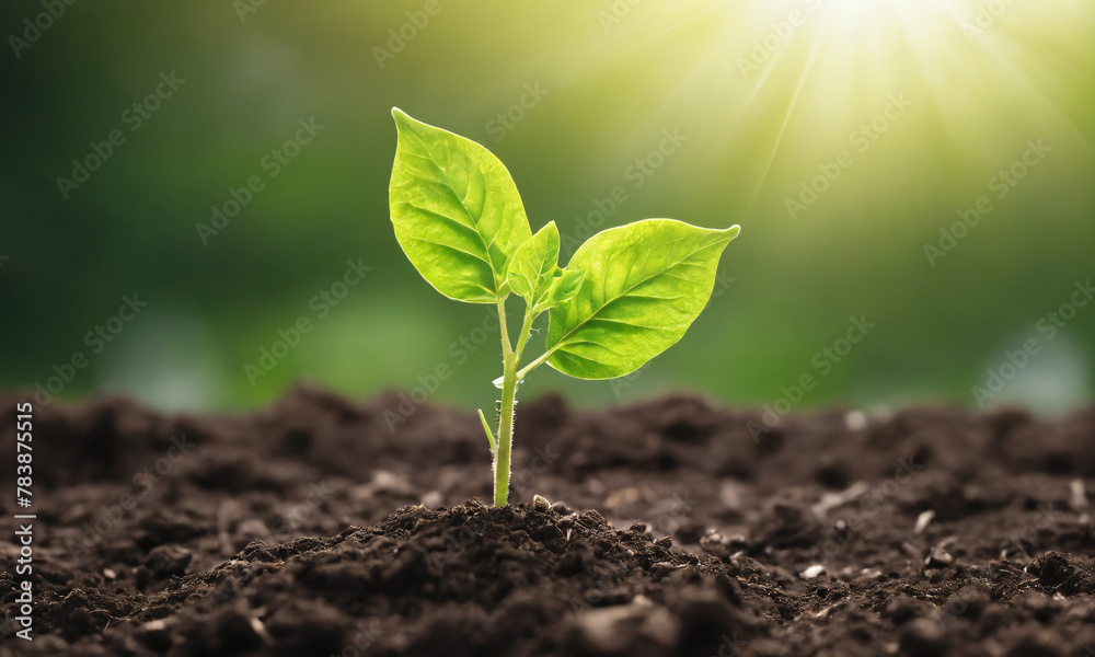 A small green plant is poking through the soil, its leaves blooming as it emerges into the sunlight. A small green plant is poking through the soil, its leaves blooming as it emerges into the sunlight.