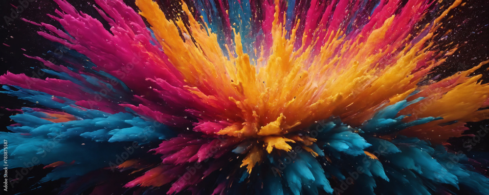 A bright explosion of coloured powder fills the air, creating a dynamic and colourful spectacle. The powders were released simultaneously, creating a stunning visual effect.