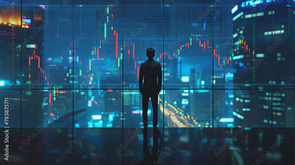 Raised on the roof, a businessman in a suit, enveloped in the atmosphere of a night city, fixes his gaze on a graphical analysis of the stock market Raised on the roof, a businessman in a suit, enveloped in the atmosphere of a night city, fixes his gaze on a graphical analysis of the stock market