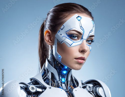 Standing against a cool blue backdrop, the android woman is mesmerising with her remarkably humanoid facial features and mechanical body.  photo