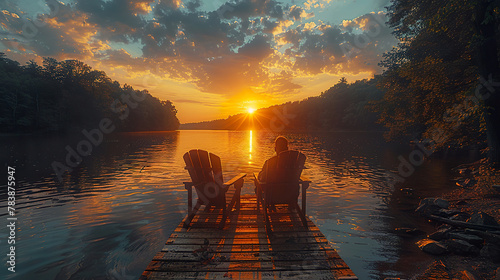 A man and a woman are sitting on a dock by a lake, watching the sun set. Image created by AI photo