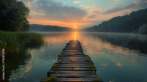 A wooden bridge spans a body of water with a sunset in the background. Image created by AI