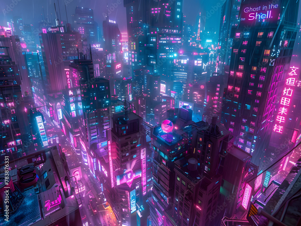 A cyberpunk city at night with tall buildings and neon lights.