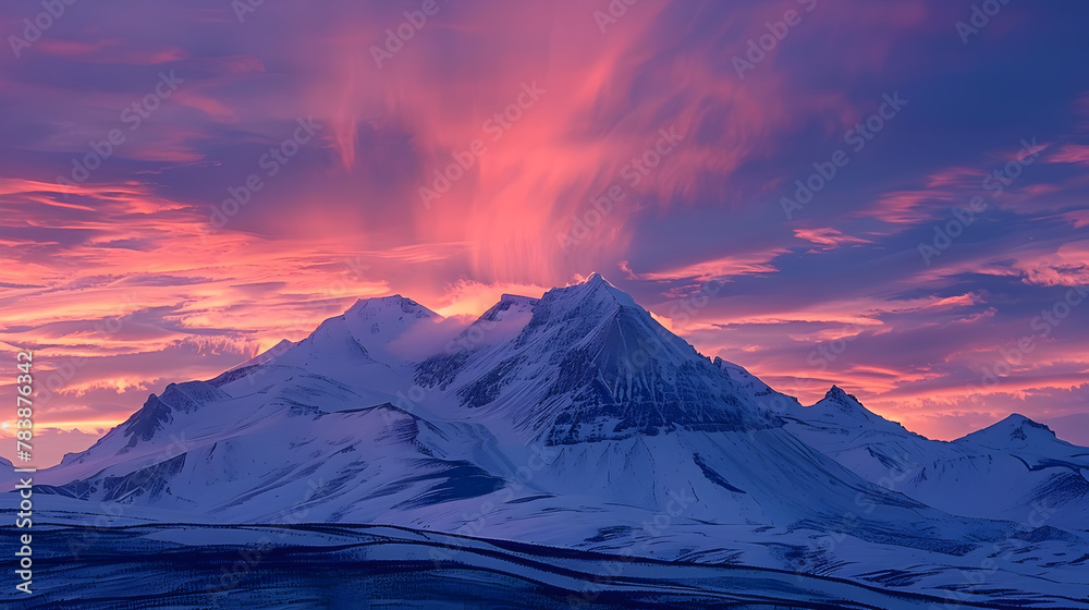 Fototapeta premium Majestic Mountain Peaks Under a Crimson Sunset Sky