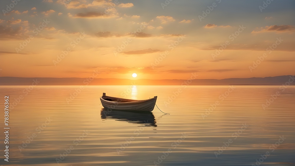 a peaceful sunset at sea, a solitary boat on calm waters, and the tranquility of golden hour a peaceful sunset at sea, a solitary boat on calm waters, and the tranquility of golden hour