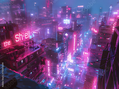 A cyberpunk city at night with tall buildings and neon lights.