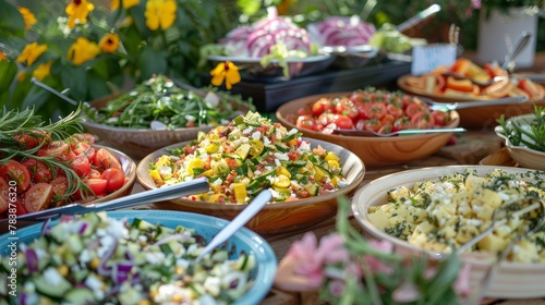 A close up of a colorful array of homemade salads including Greek salad caprese salad and potato salad at a picnic celebrating different cultural cuisines. hyper realistic 