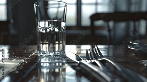 a close up of a knife and fork on a table with a glass of water and silverware in the background. hyper realistic 