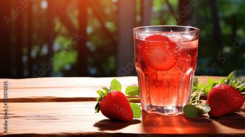 Drink in a glass with ripe strawberries on the table. Invigorating refreshing juice, delicious snack and breakfast. A healthy organic drink. Proper nutrition and diet.