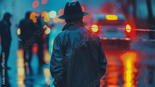 Detective in a hat and raincoat examines traces at a crime scene against a blurred background of police officers and police cars.