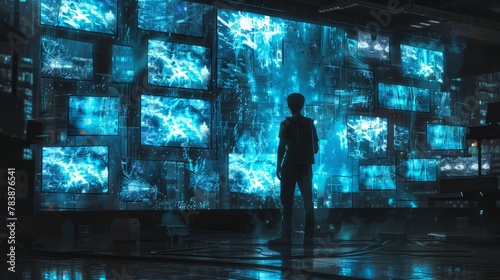 A guy stands before a wall of computer monitors displaying water-like electronic devices in electric blue font  bringing entertainment to the city amidst the darkness. AIG41 hyper realistic 