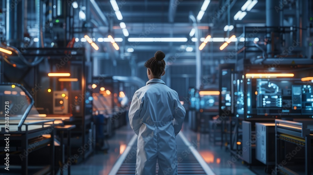 A young professional in a white uniform working in a modern industrial facility, overseeing equipment and automation. hyper realistic 