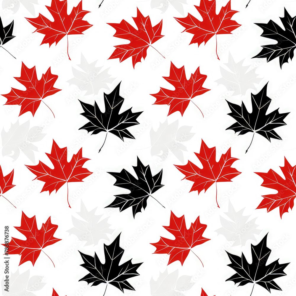 Maple leaf icon in centre, red, black and white pattern background, cartoon style, designed for tshirt, white background Maple leaf icon in centre, red, black and white pattern background, cartoon style, designed for tshirt, white background