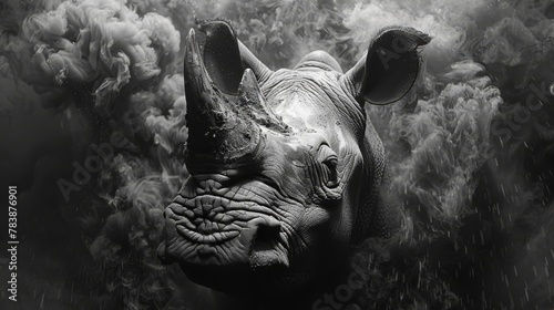   A monochrome image of a rhino's stern face with smoke billowing from behind photo