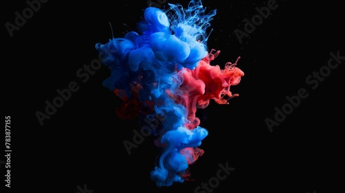 Acrylic blue and red colors in water. Ink blot. Abstract black background. hyper realistic 