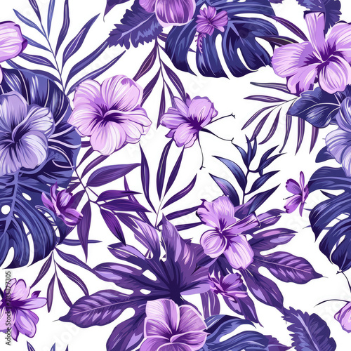 Purple seamless pattern of tropical leaves and flowers on white background