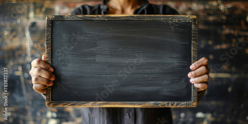 Close up hand of woman holding a chalkboard sign , Advertising Poster banner mockup template photo
