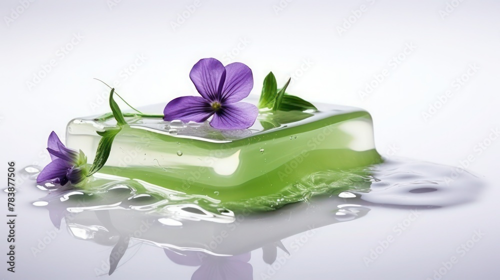 Clear green natural herbal soap with beautiful violet flower on a wet shiny white surface, close-up, selective focus. Clear green natural herbal soap with beautiful violet flower on a wet shiny white surface, close-up, selective focus.