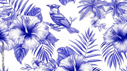   A bird perched on a tree branch, encircled by a flora arrangement of blue and white blooms, and palm leaves