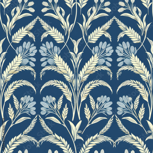william morris style pattern with barley in it, blue