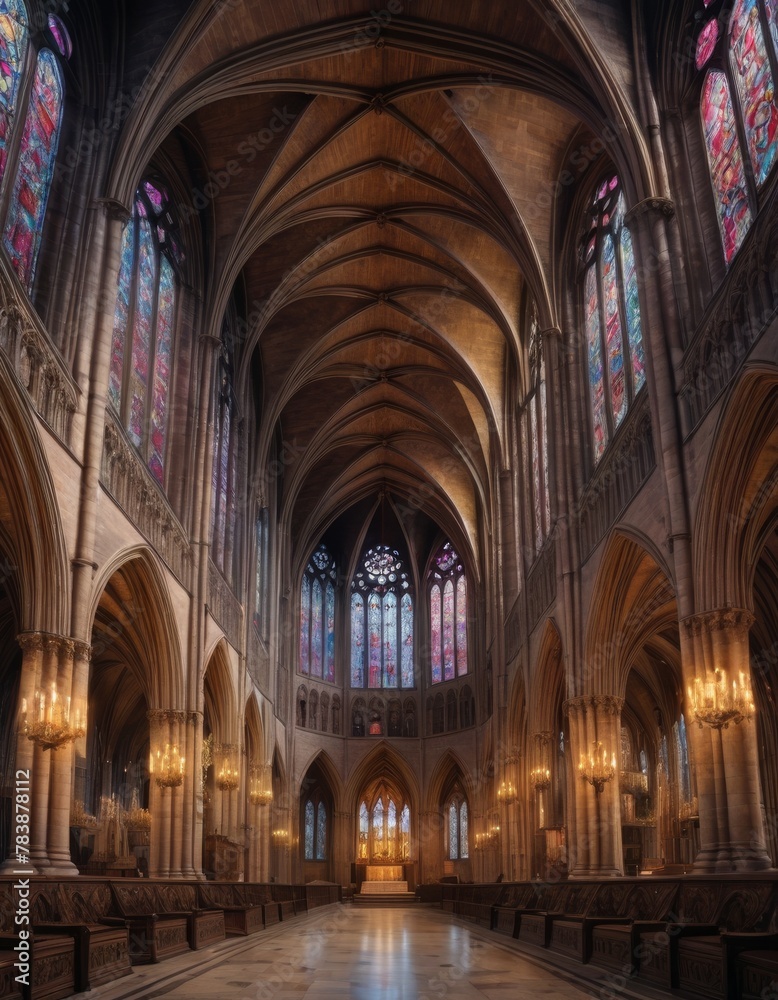 Majestic view inside a cathedral, showcasing the vaulted ceilings and colorful stained glass windows illuminating the interior.