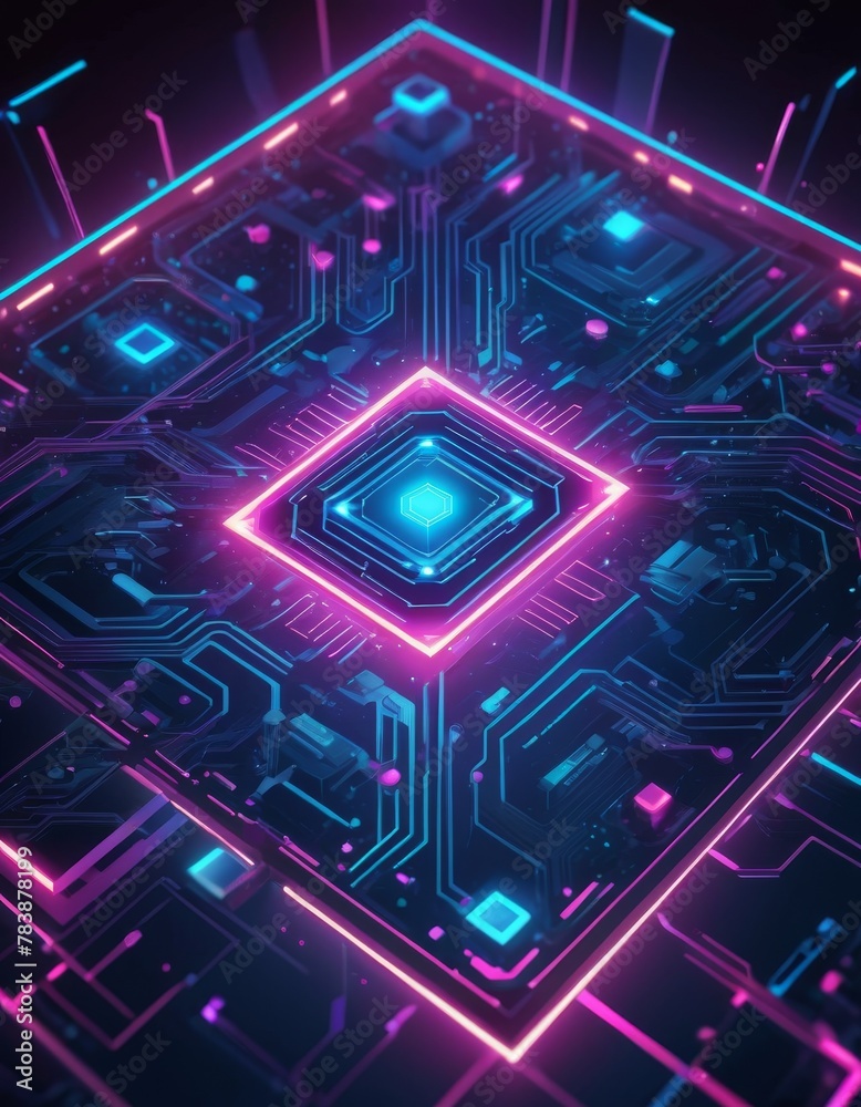 Intricate neon-lit circuitry design with a glowing central processor, symbolizing advanced technology and digital concepts.