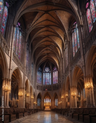 Majestic view inside a cathedral, showcasing the vaulted ceilings and colorful stained glass windows illuminating the interior.