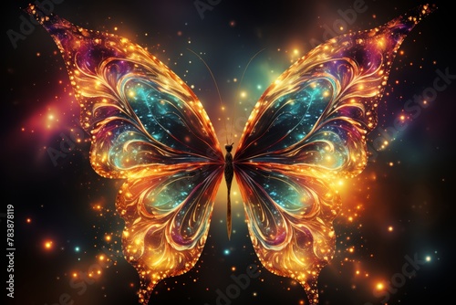 a vibrant and dynamic digital artwork featuring a neon butterfly against a mesmerizing abstract background © anwel