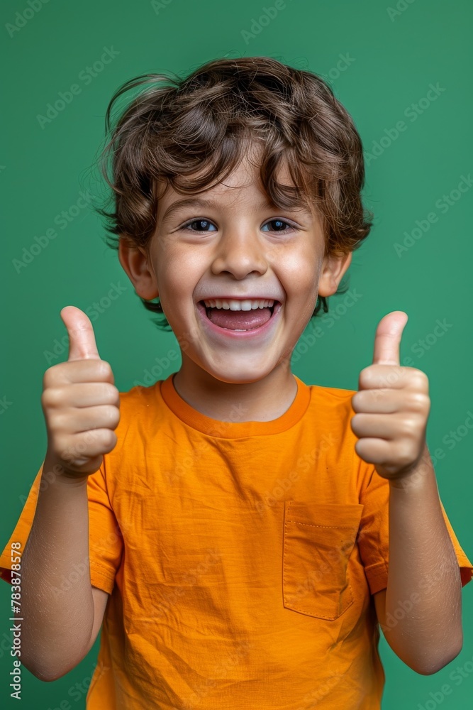 A cheerful boy with wavy hair is laughing and giving two thumbs up against a green backdrop A cheerful boy with wavy hair is laughing and giving two thumbs up against a green backdrop