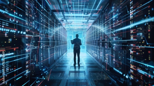 A mesmerizing image of a man standing amidst glowing digital screens in a advanced futuristic data center
