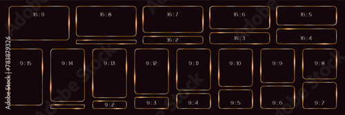 set gold line frames of rectangular shape, thin luxury borders in art deco style, different formats for textbox, app, web