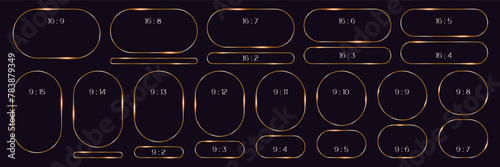set gold line frames of oval shape, thin luxury borders in art deco style, different formats for textbox, app, web
