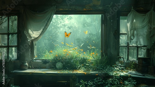  A room teeming with numerous green plants; a butterfly gracefully flies above the window's peak