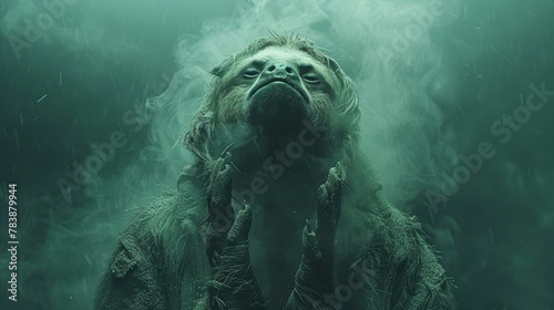   A creature stands before a foggy backdrop, its mouth agape and holding a cigarette between its teeth