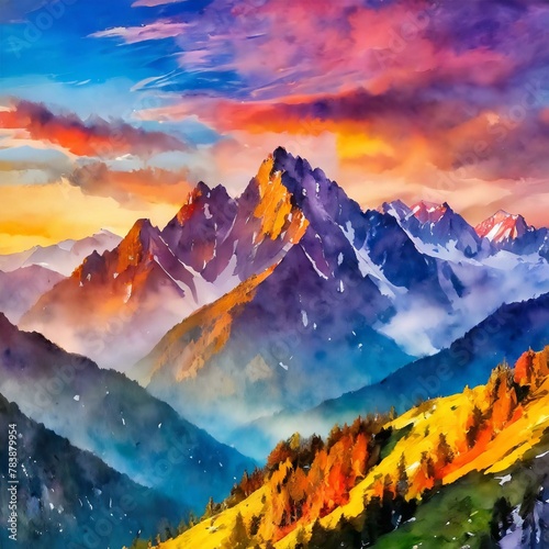 sunset over the mountains.: A breathtaking mountain landscape bathed in the warm glow of sunset, with towering peaks silhouetted against a colorful sky painted in hues of orange, pink, and purple, evo photo
