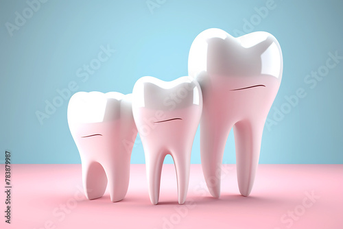 Three white teeth on pink blue background.
