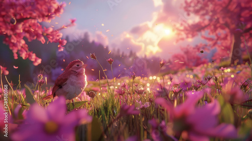  A bird perches in the heart of a flower-filled meadow, sun rays filtering through overlapping clouds behind